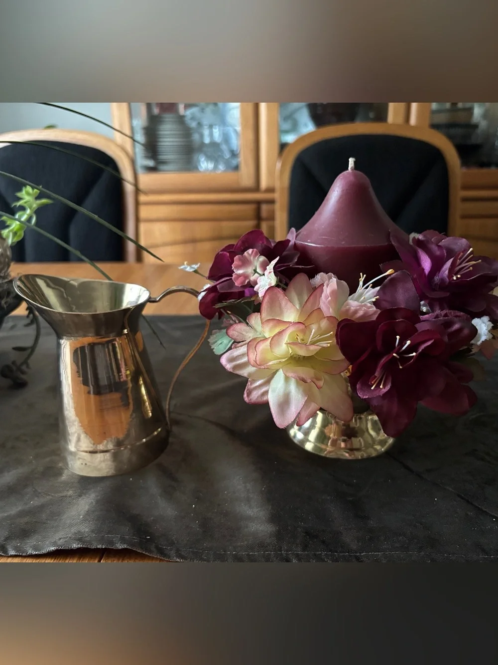 Brass Candle Holder with Floral Arrangement with Burgundy Candle - Brass Pithcer